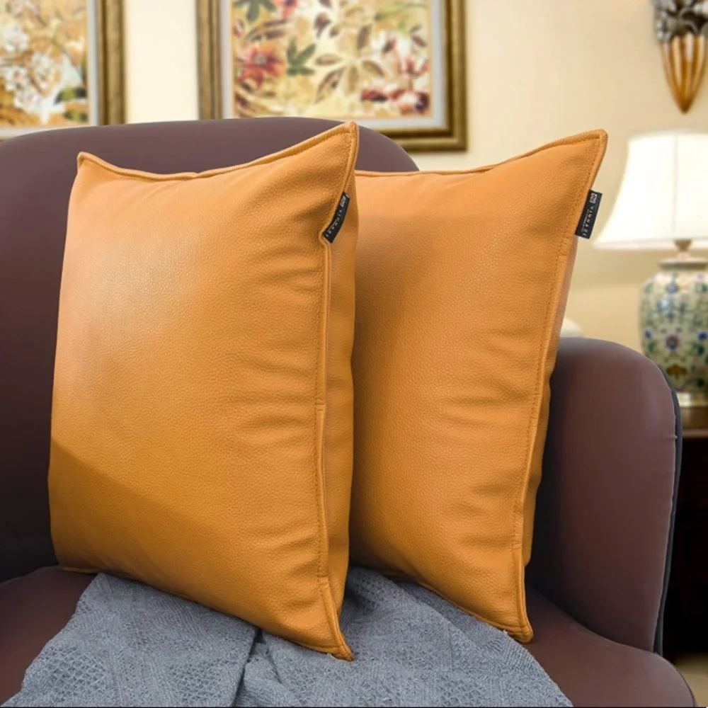 Luxury Home | Elegant Golden Mustard Yellow  Faux Leather Throw Pillow Covers